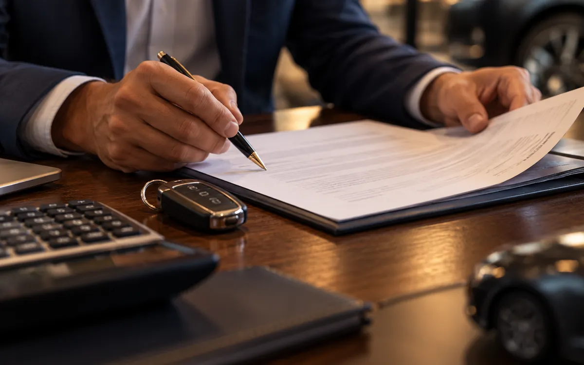 Mãos conferindo um contrato de financiamento de veículo, com a chave do carro ao lado